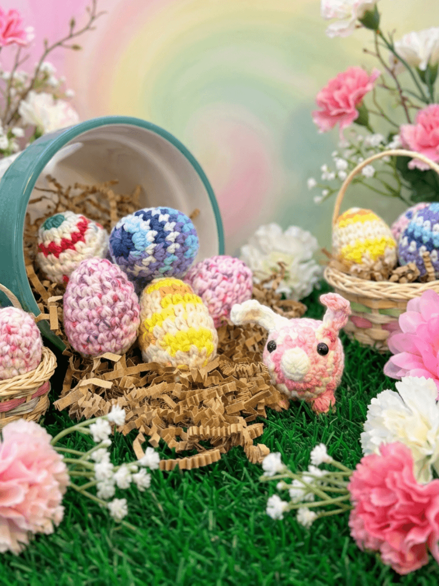 Carnation the P'unny — Easter Piggy Pal Bunny + 6 Cruelty-Free Croch-Eggs — Hand-Crocheted Pals
