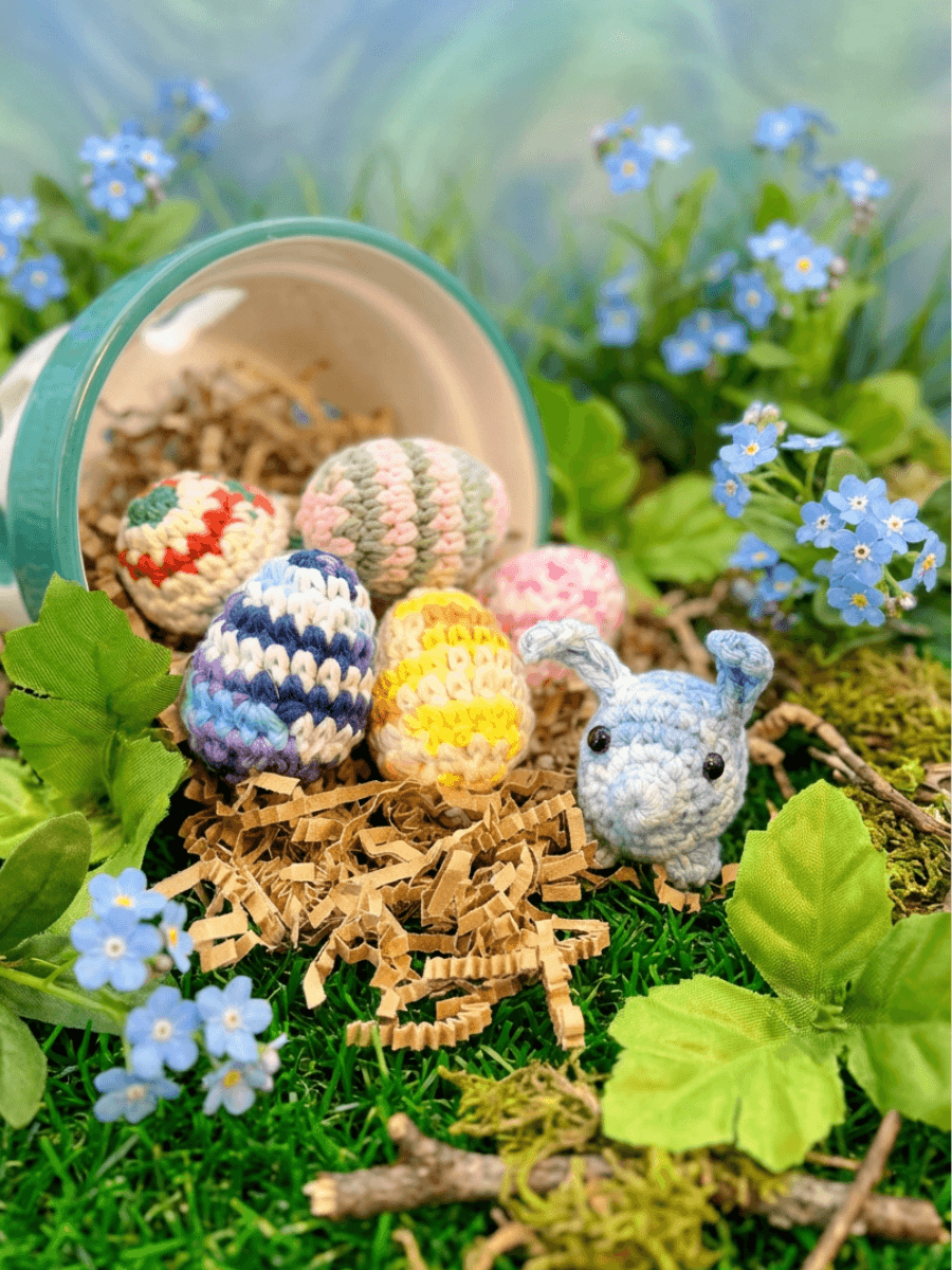 Forget-Me-Not the P'unny — Easter Piggy Pal Bunny + 6 Cruelty-Free Croch-Eggs — Hand-Crocheted Pals