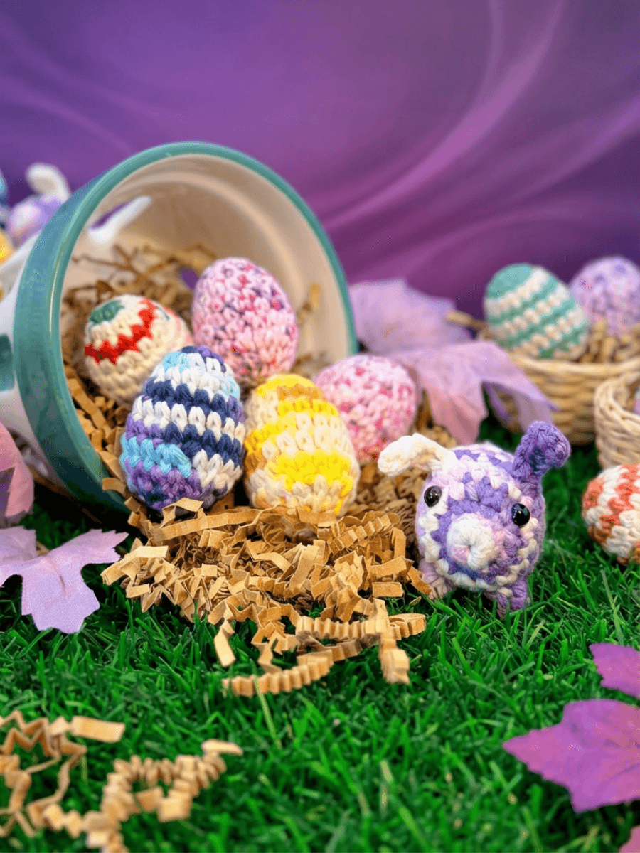 Lilac the P'unny — Easter Piggy Pal Bunny + 6 Cruelty-Free Croch-Eggs — Hand-Crocheted Pals
